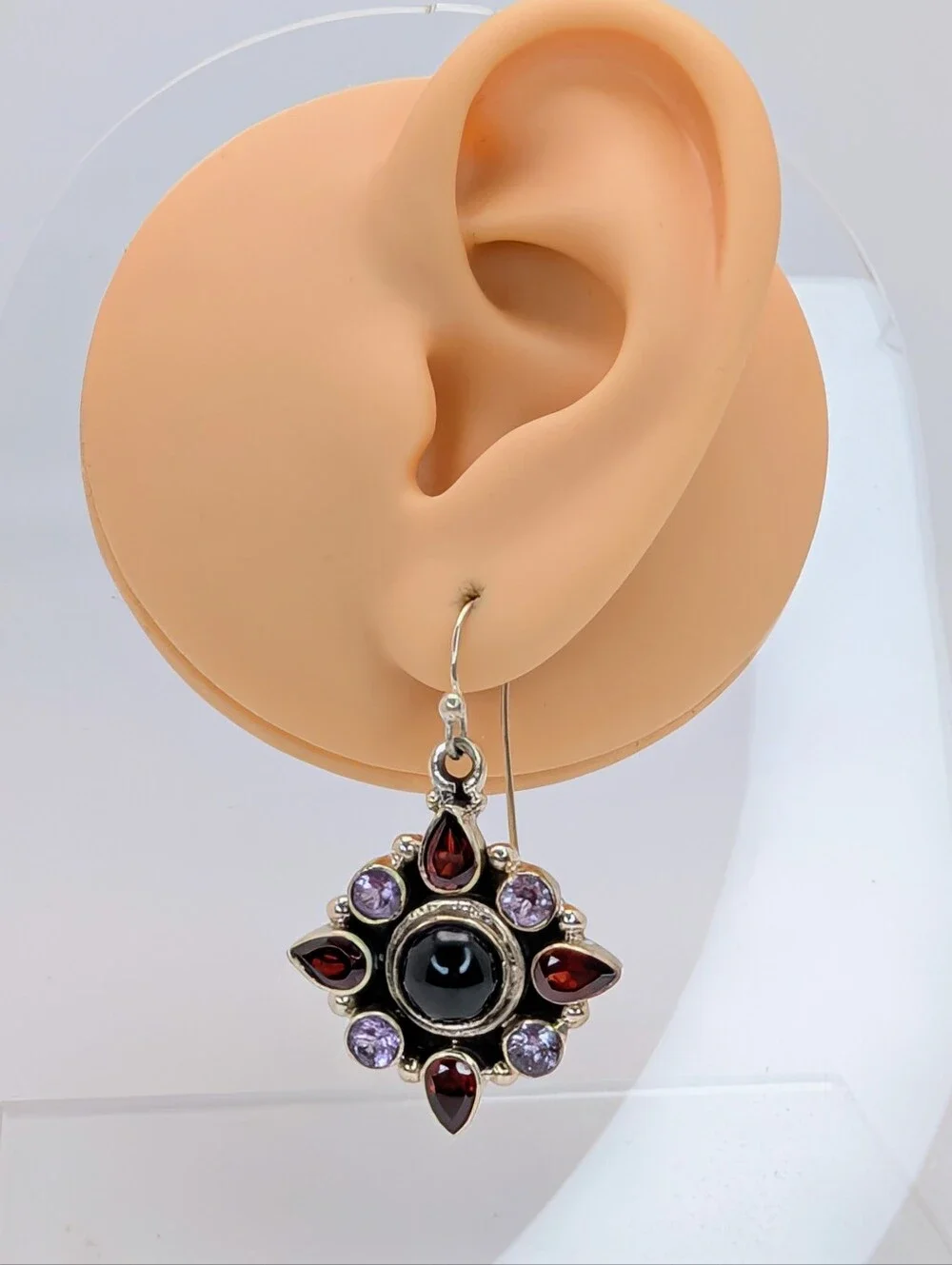 Garnet Amethyst Black Onyx S925 Sterling Silver Cluster Dangle Earrings